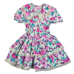 Joni Girl Fit Flare Dress Girls 4 Pink Floral Tiered Lace Trim Vintage 90s Girly